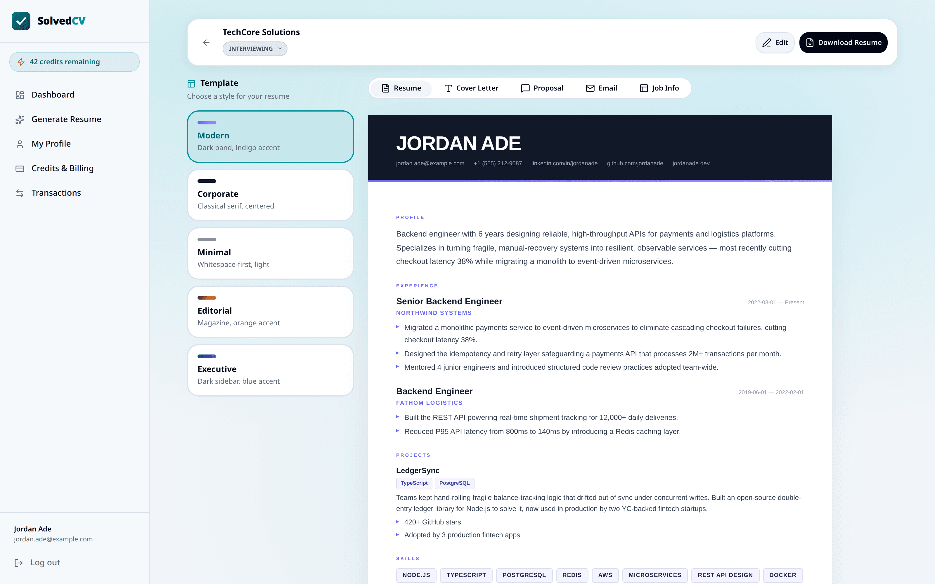 A SolvedCV workspace showing a tailored resume in the Modern template, with tabs for the cover letter, proposal, email and job info